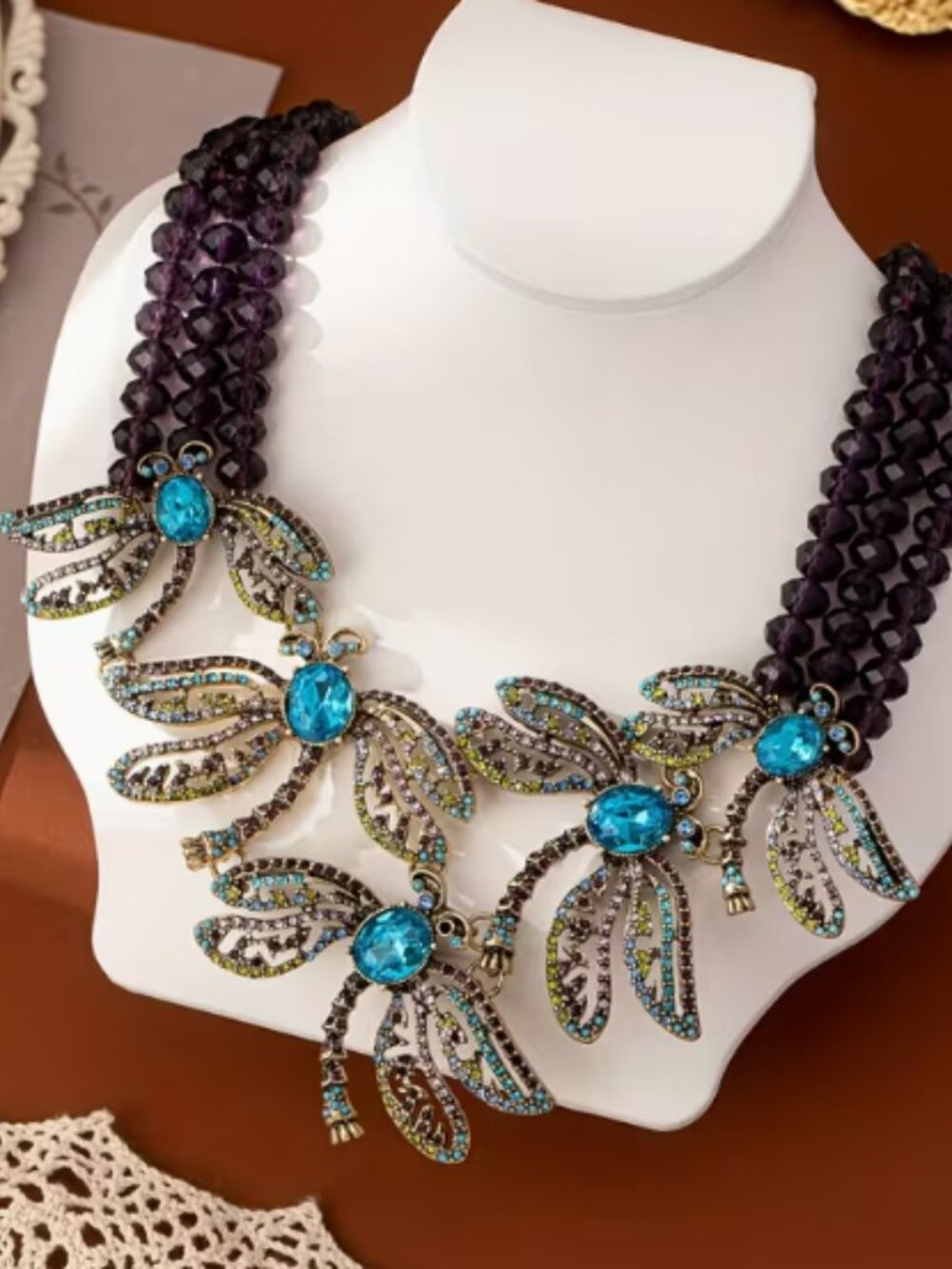 Bohemian Dragonfly Statement Necklace Set Purple Beaded Blue Rhinestone Earrings